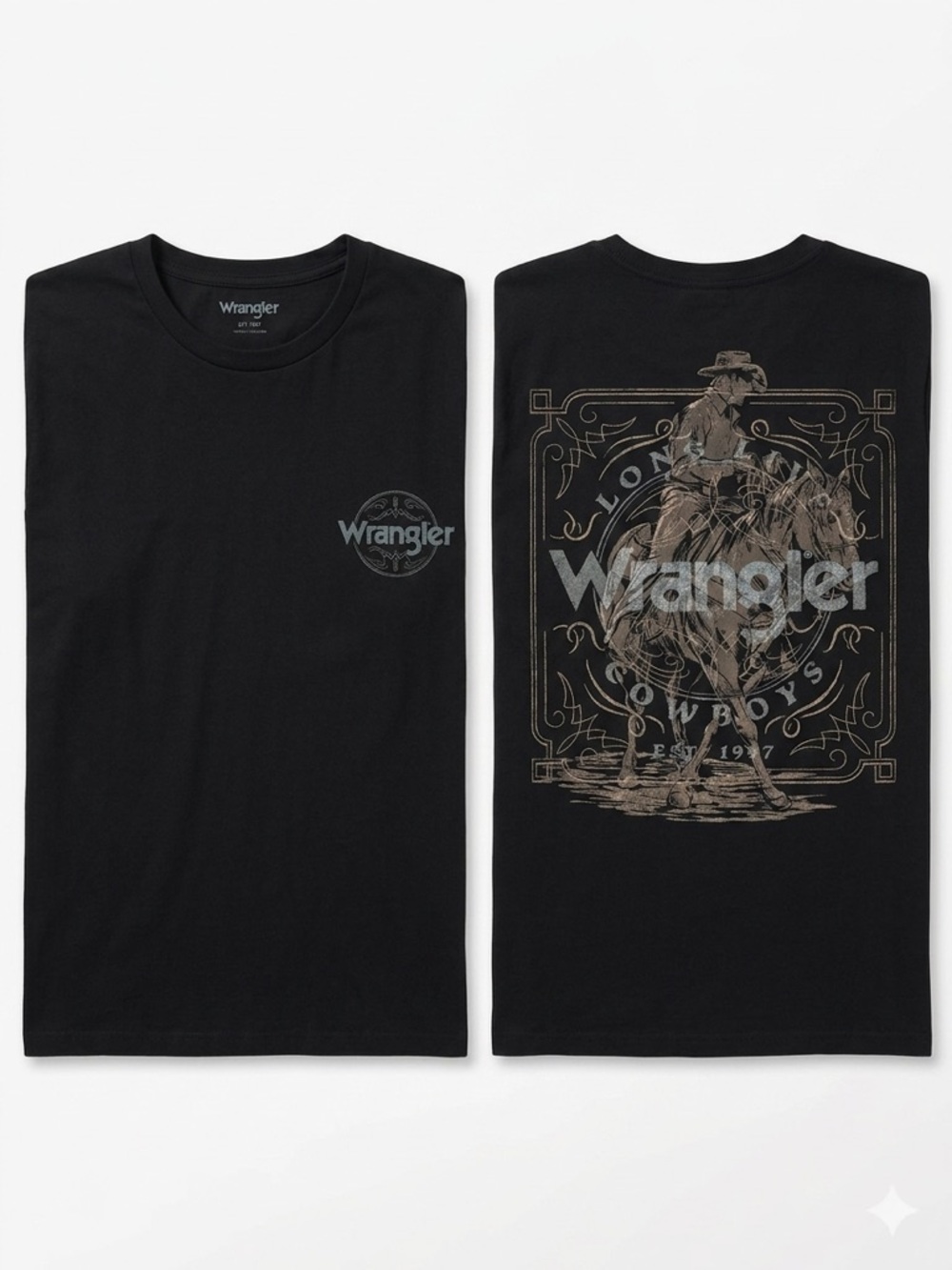 Wrangler Black Tee with Vintage Cowboy Back Graphic
